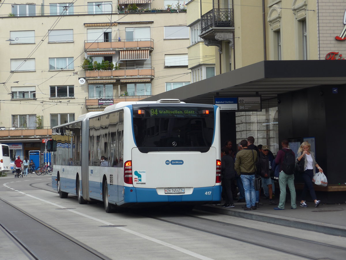 (174'634) - VBZ Zrich - Nr. 417/ZH 745'417 - Mercedes am 5. September 2016 beim Bahnhof Zrich-Oerlikon