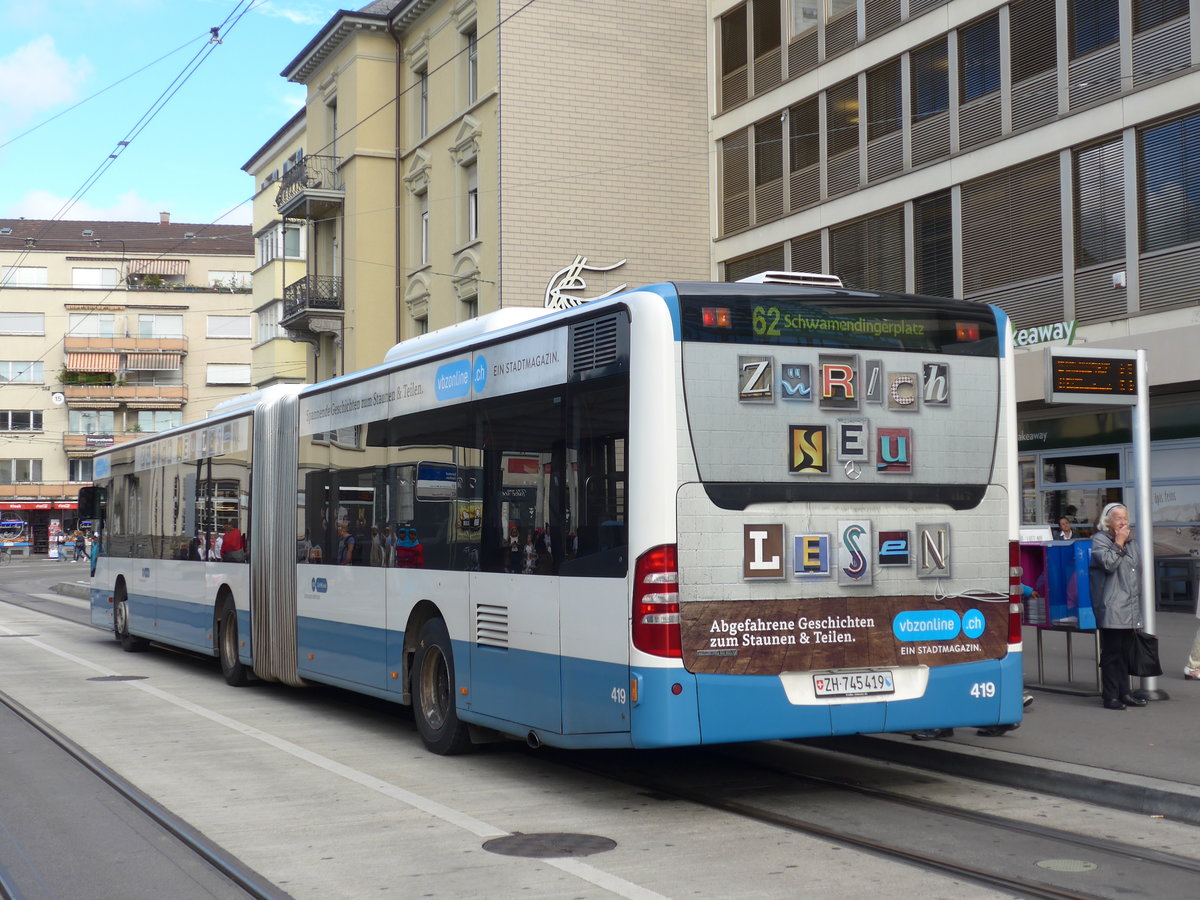 (174'646) - VBZ Zrich - Nr. 419/ZH 745'419 - Mercedes am 5. September 2016 beim Bahnhof Zrich-Oerlikon