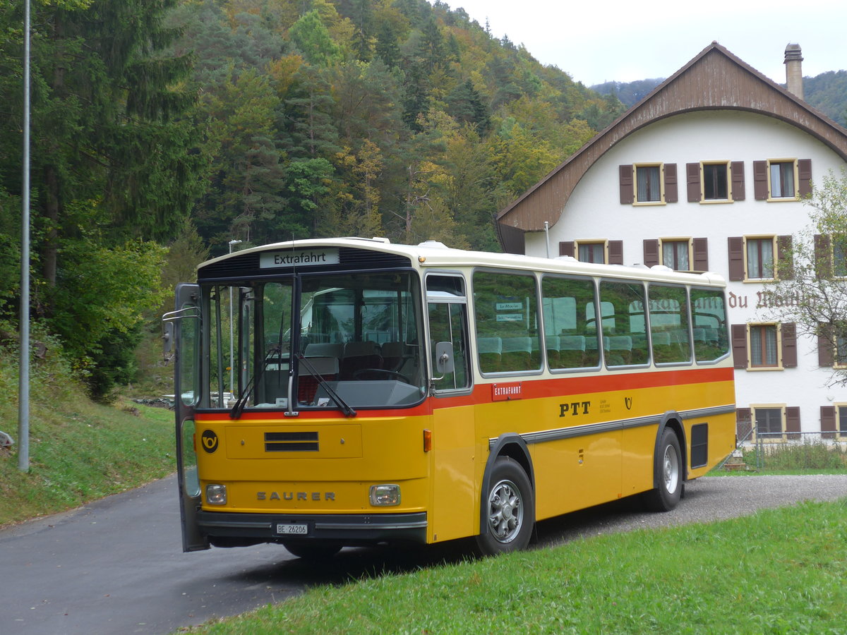 (175'364) - Schmid, Thrishaus - BE 26'206 - Saurer/Tscher (ex P 24'244) am 2. Oktober 2016 in Schelten, Restaurant Scheltenmhle