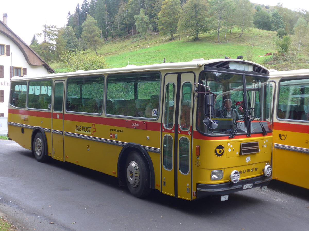 (175'365) - Fssler, Unteriberg - Nr. 6/SZ 5232 - Saurer/R&J (ex Schrch, Gutenburg Nr. 6; ex P 24'358) am 2. Oktober 2016 in Schelten, Restaurant Scheltenmhle