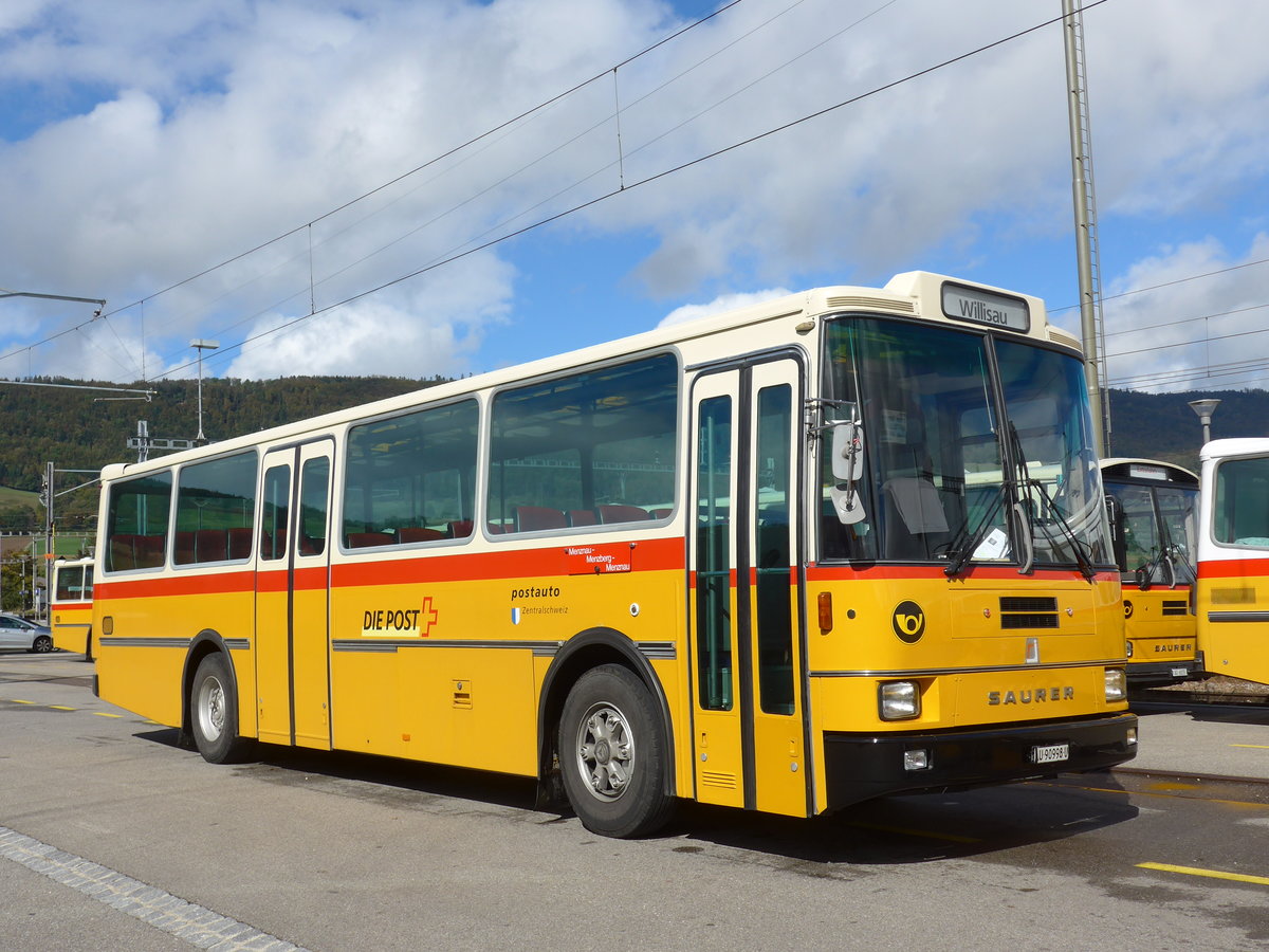 (175'384) - Amstein, Willisau - LU 90'998 U - Saurer/R&J (ex Thepra, Stans Nr. 17; ex Gowa, Stans Nr. 17) am 2. Oktober 2016 beim Bahnhof Glovelier