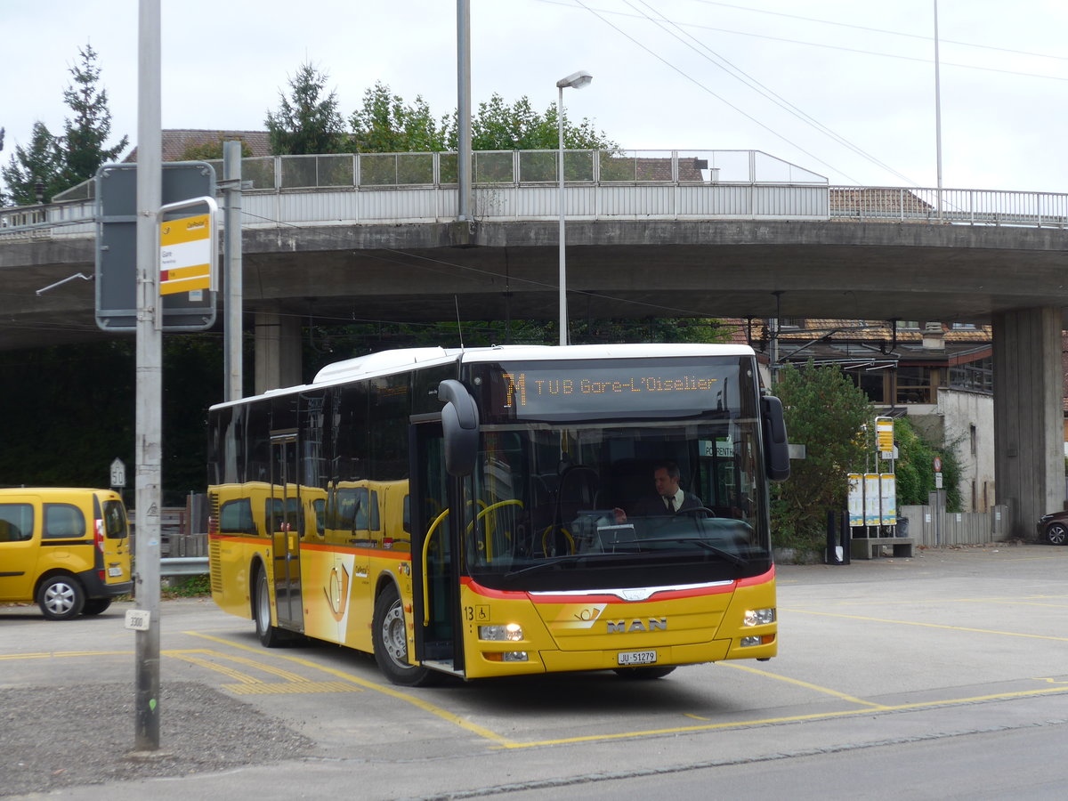 (175'460) - CarPostal Ouest - Nr. 13/JU 51'279 - MAN am 7. Oktober 2016 beim Bahnhof Porrentruy