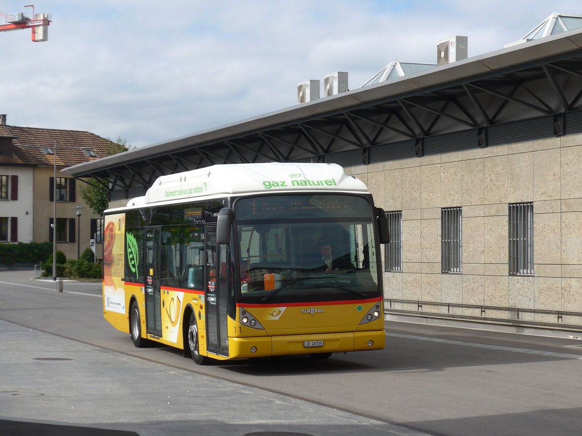 (175'496) - CarPostal Ouest - Nr. 11/JU 49'735 - Van Hool am 7. Oktober 2016 beim Bahnhof Delmont