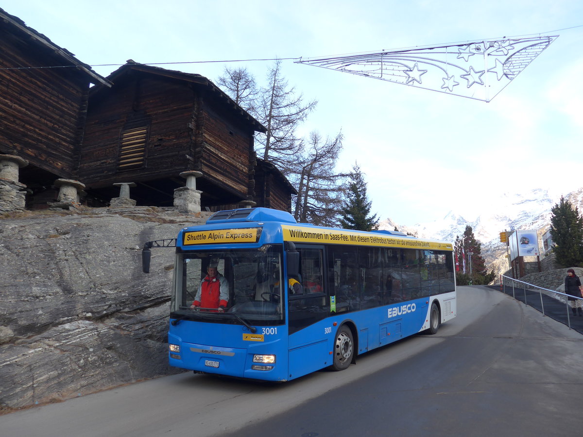 (177'359) - Aus Finnland: VEOLIA - Nr. 3001/VS 455'773 - Ebusco am 26. Dezember 2016 in Saas-Fee, Post (Einsatz PostAuto)