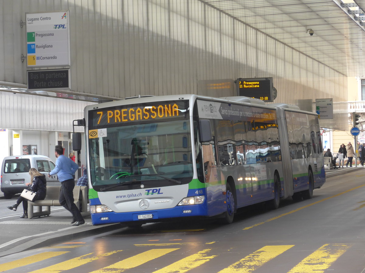 (178'291) - TPL Lugano - Nr. 418/TI 142'052 - Mercedes am 7. Februar 2017 in Lugano, Centro