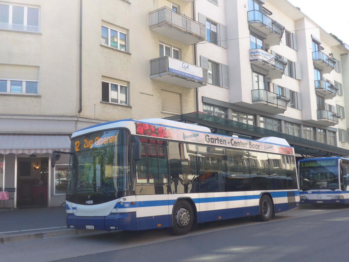 (179'472) - ZVB Zug - Nr. 139/ZG 3399 - Scania/Hess am 10. April 2017 beim Bahnhof Zug