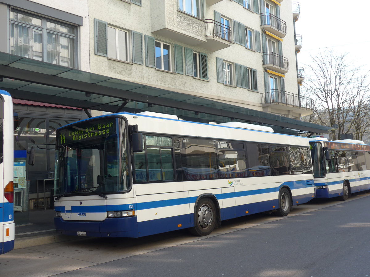 (179'474) - ZVB Zug - Nr. 134/ZG 88'134 - Scania/Hess am 10. April 2017 beim Bahnhof Zug