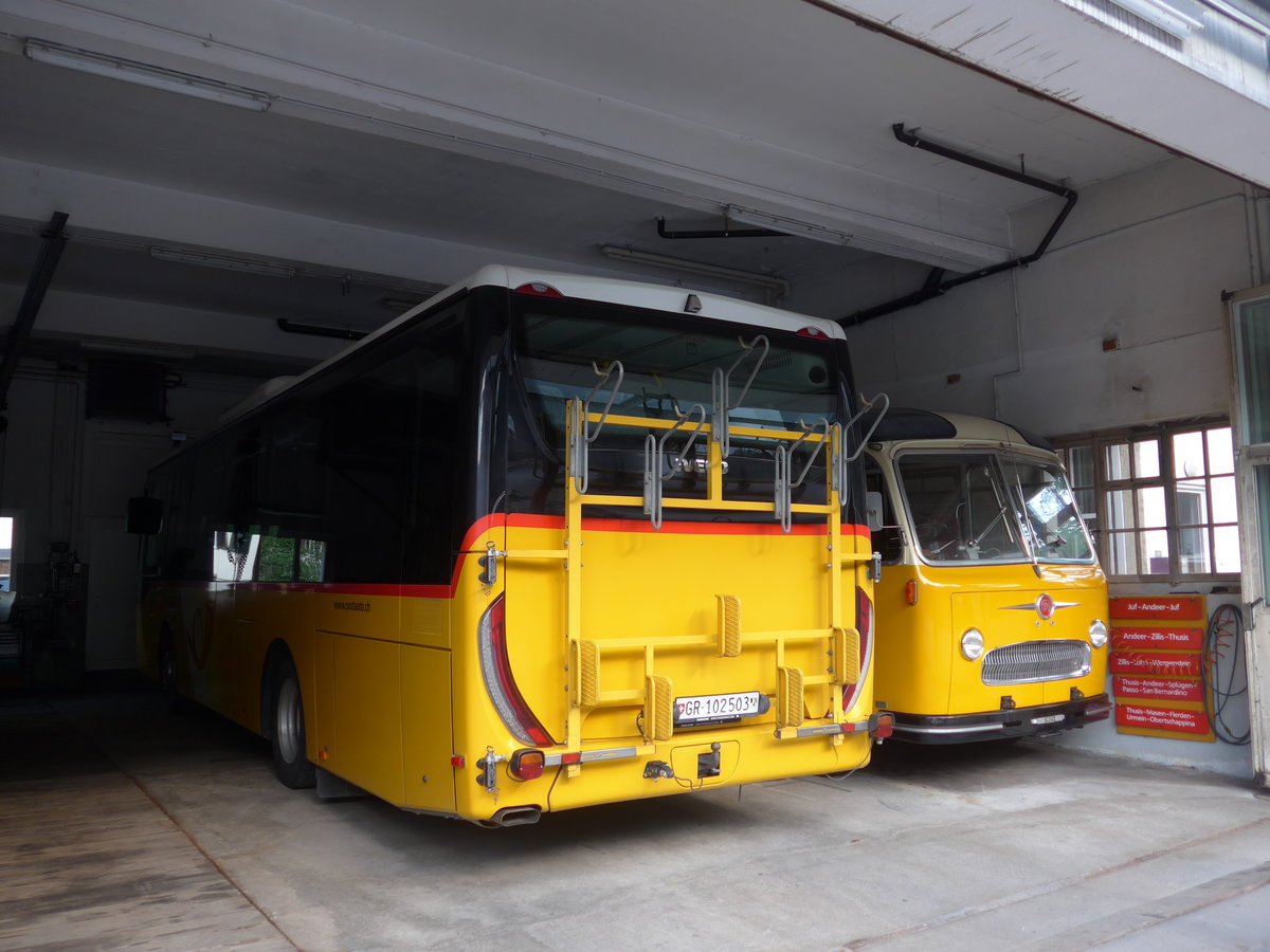 (180'431) - PostAuto Graubnden - GR 102'503 - Irisbus am 22. Mai 2017 in Andeer, Garage Mark