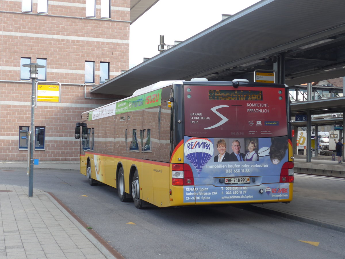 (182'168) - PostAuto Bern - BE 718'991 - MAN am 22. Juli 2017 beim Bahnhof Spiez