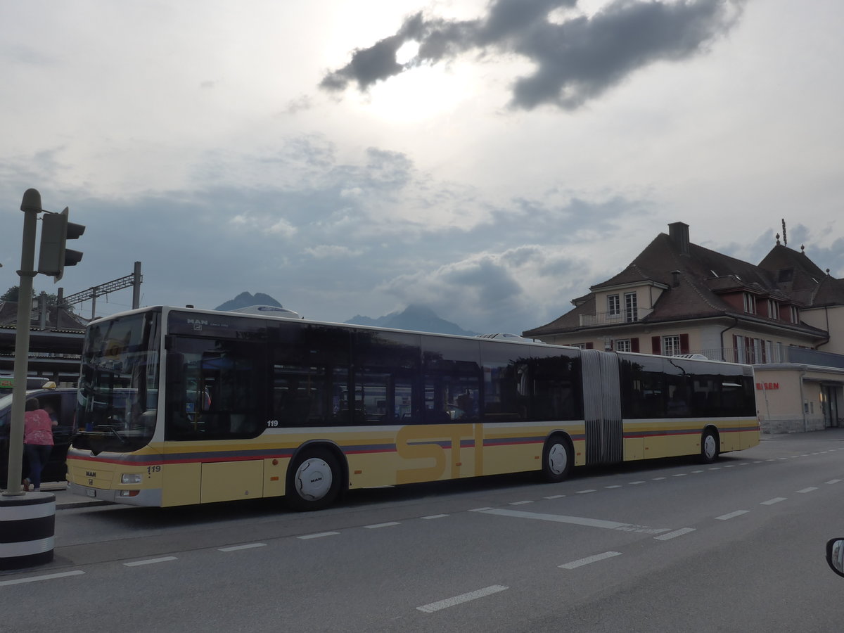 (182'170) - STI Thun - Nr. 119/BE 700'119 - MAN am 22. Juli 2017 beim Bahnhof Spiez