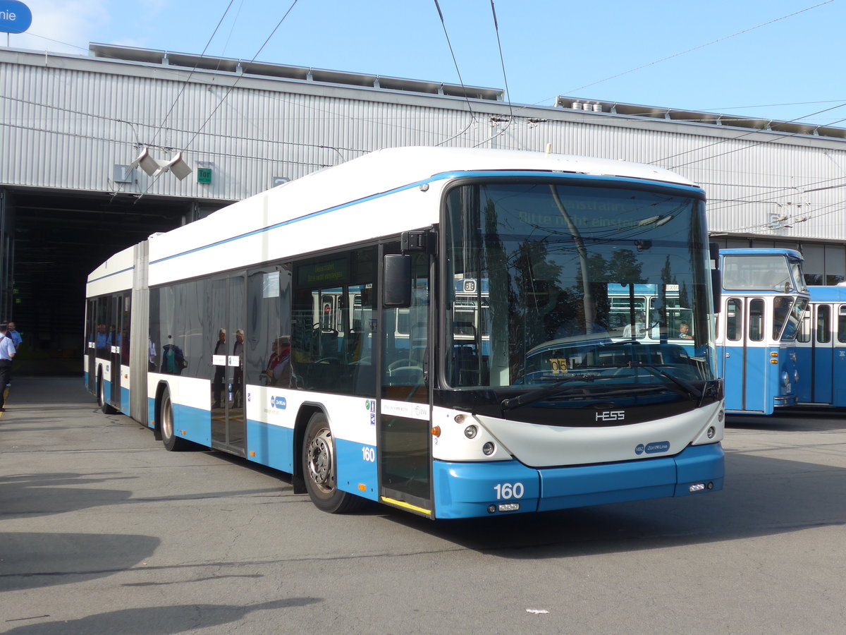 (183'682) - VBZ Zrich - Nr. 160 - Hess/Hess Gelenktrolleybus am 20. August 2017 in Zrich, Garage Hardau