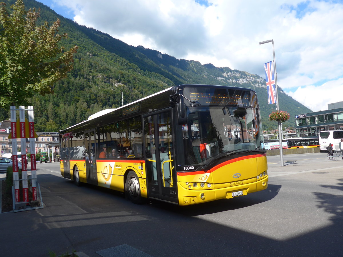 (184'614) - PostAuto Bern - BE 836'434 - Solaris (ex Nr. 581) am 3. September 2017 beim Bahnhof Interlaken Ost