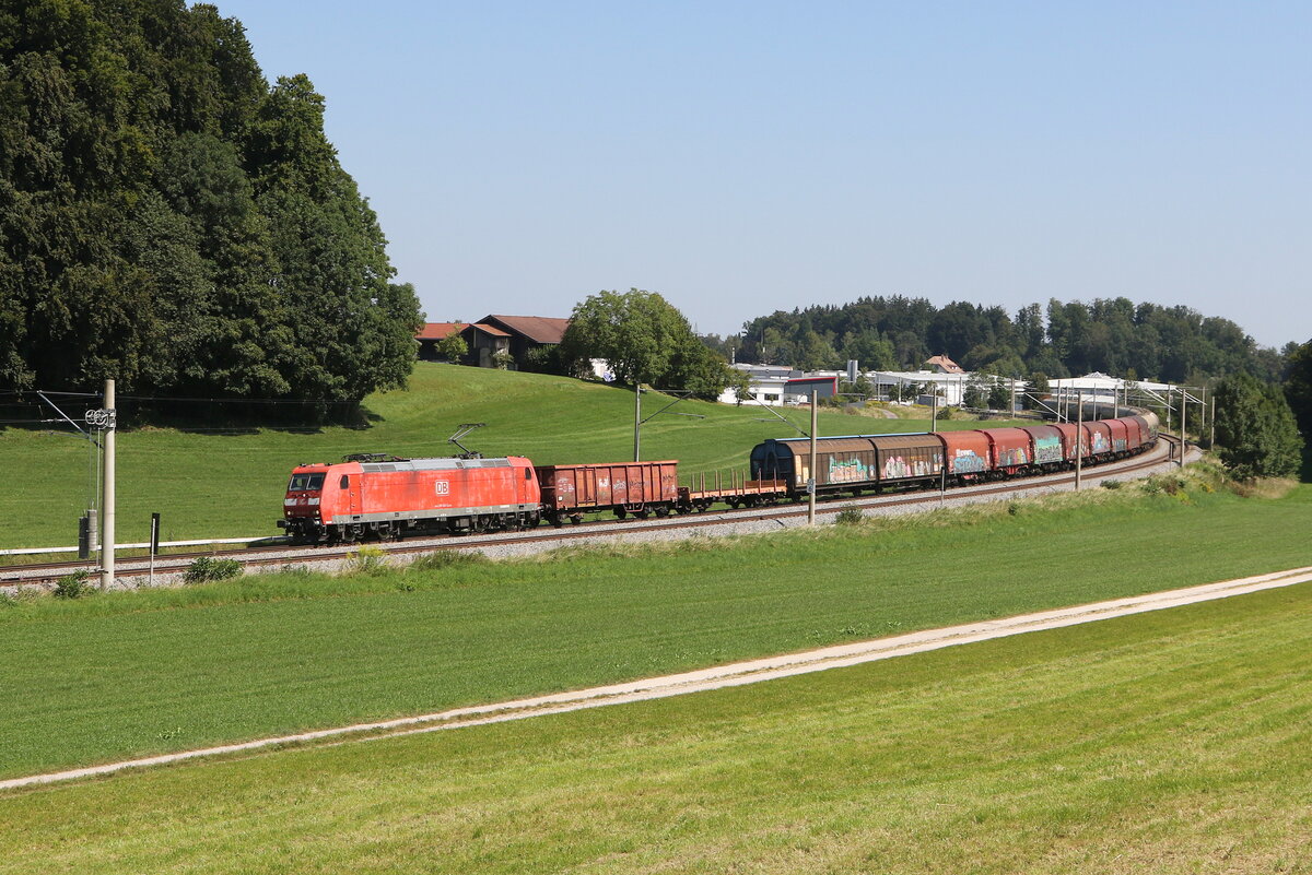 185 012 mit einem gemischten Gterzug aus Freilassing kommend am 22. August bei Axdorf.