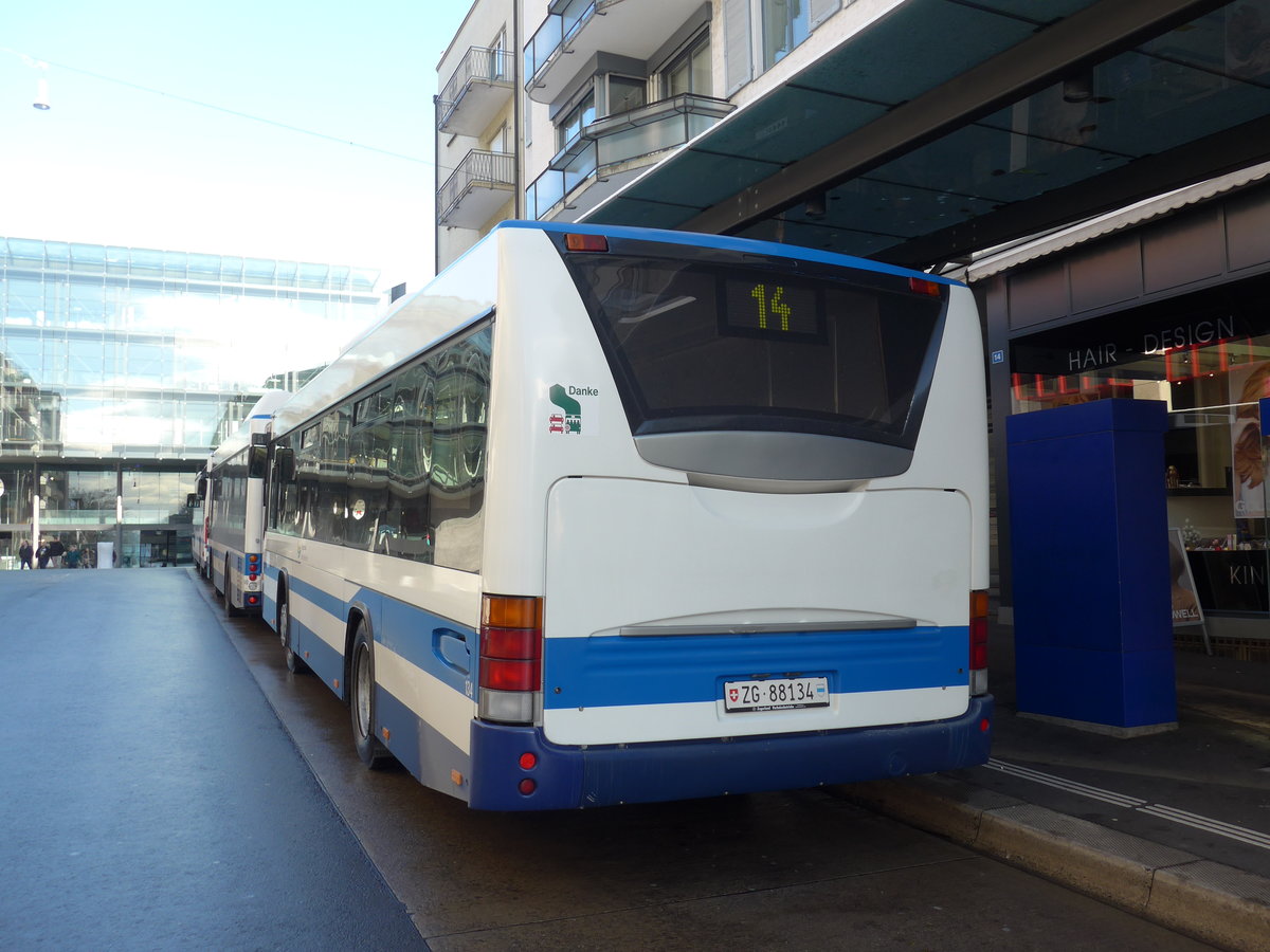 (186'848) - ZVB Zug - Nr. 134/ZG 88'134 - Scania/Hess am 9. Dezember 2017 beim Bahnhof Zug