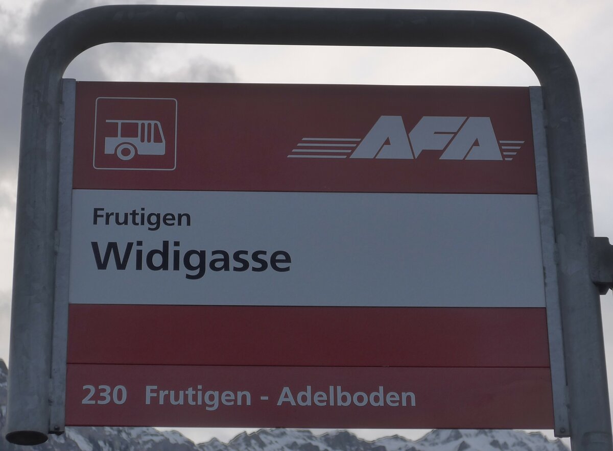 (187'694) - AFA-Haltestellenschild - Frutigen, Widigasse - am 7. Januar 2018