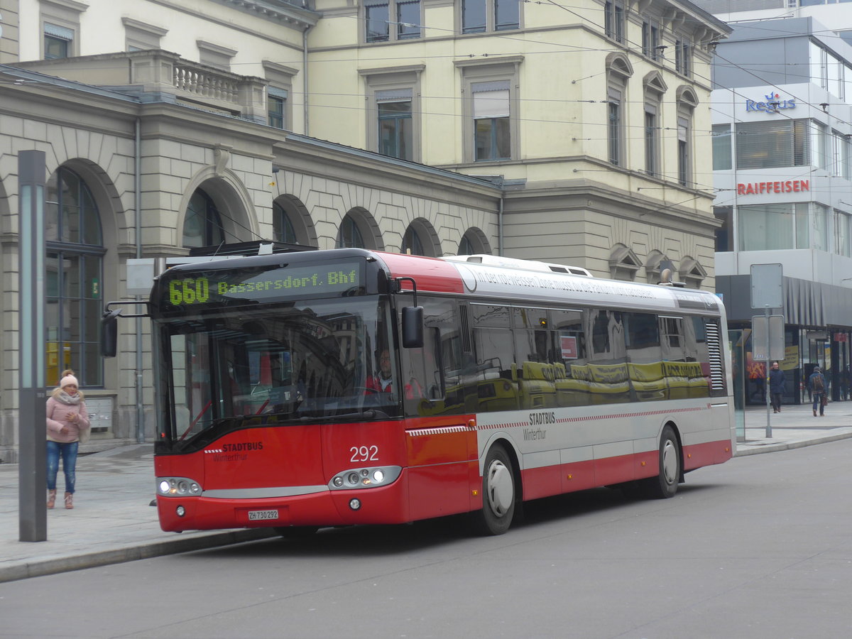 (188'330) - SW Winterthur - Nr. 292/ZH 730'292 - Solaris am 8. Februar 2018 beim Hauptbahnhof Winterthur