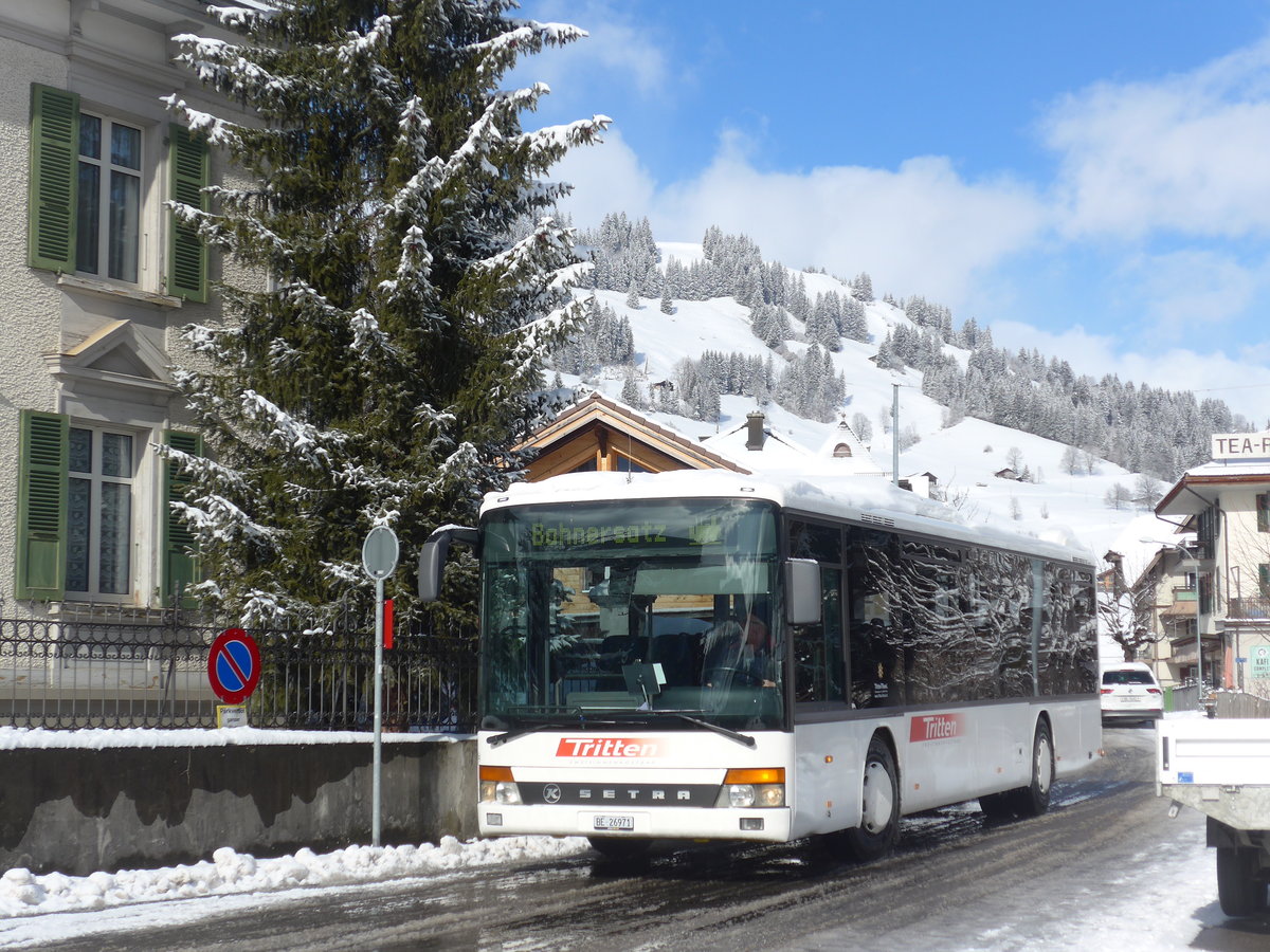 (188'467) - Tritten, Zweisimmen - Nr. 52/BE 26'971 - Setra (ex Interbus, Yverdon Nr. 52; ex AAGL Liestal Nr. 63) am 12. Februar 2018 beim Bahnhof Zweisimmen