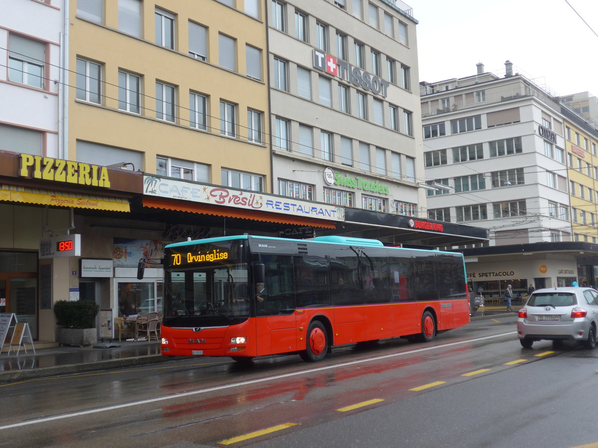 (188'730) - Funi-Car, Biel - Nr. 3/BE 100'203 - MAN am 15. Februar 2018 beim Bahnhof Biel