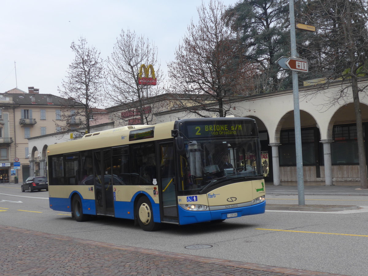 (188'833) - FART Locarno - Nr. 81/TI 229'281 - Solaris am 17. Februar 2018 beim Bahnhof Locarno