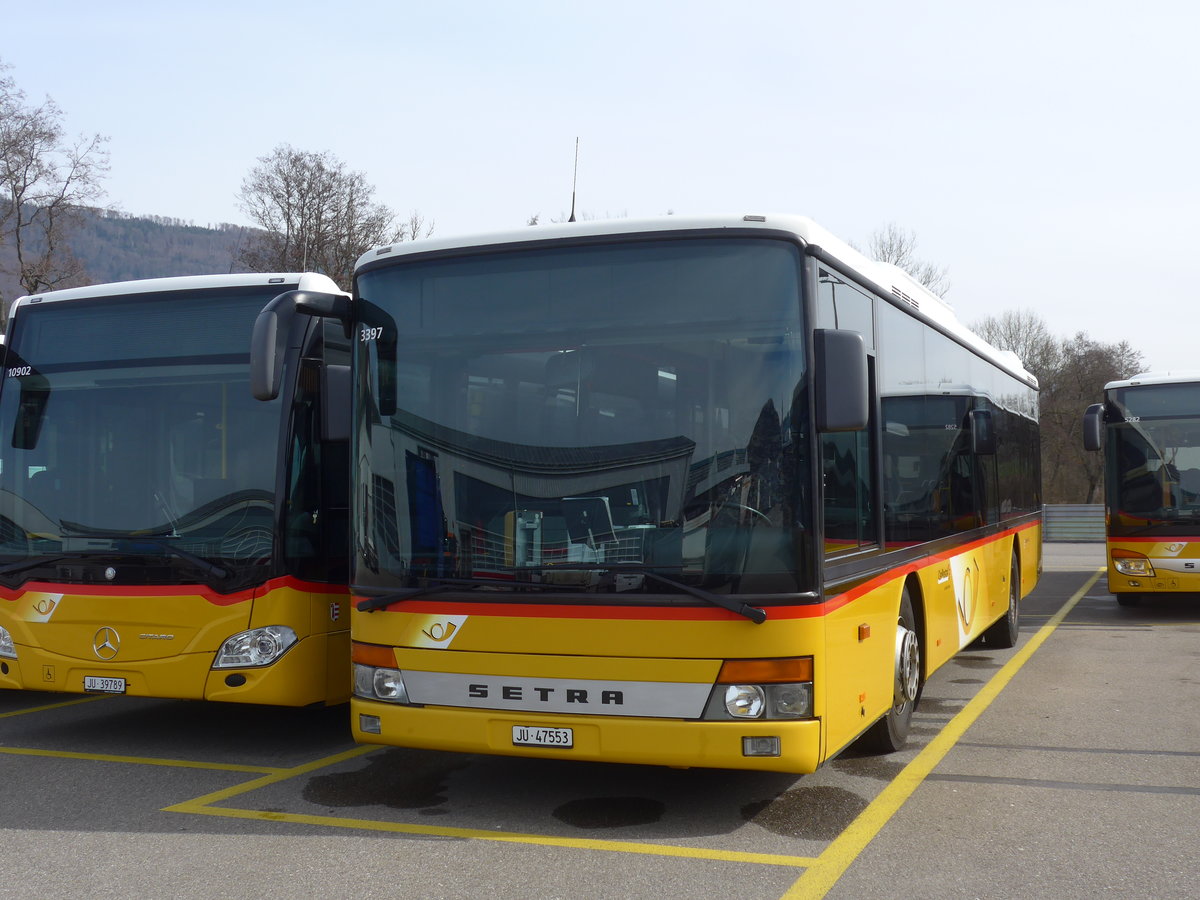 (189'893) - CarPostal Ouest - JU 47'553 - Setra (ex Nr. 51; ex Stucki, Porrentruy Nr. 17; ex Tinner, Sennwald) am 2. April 2018 in Develier, Parkplatz