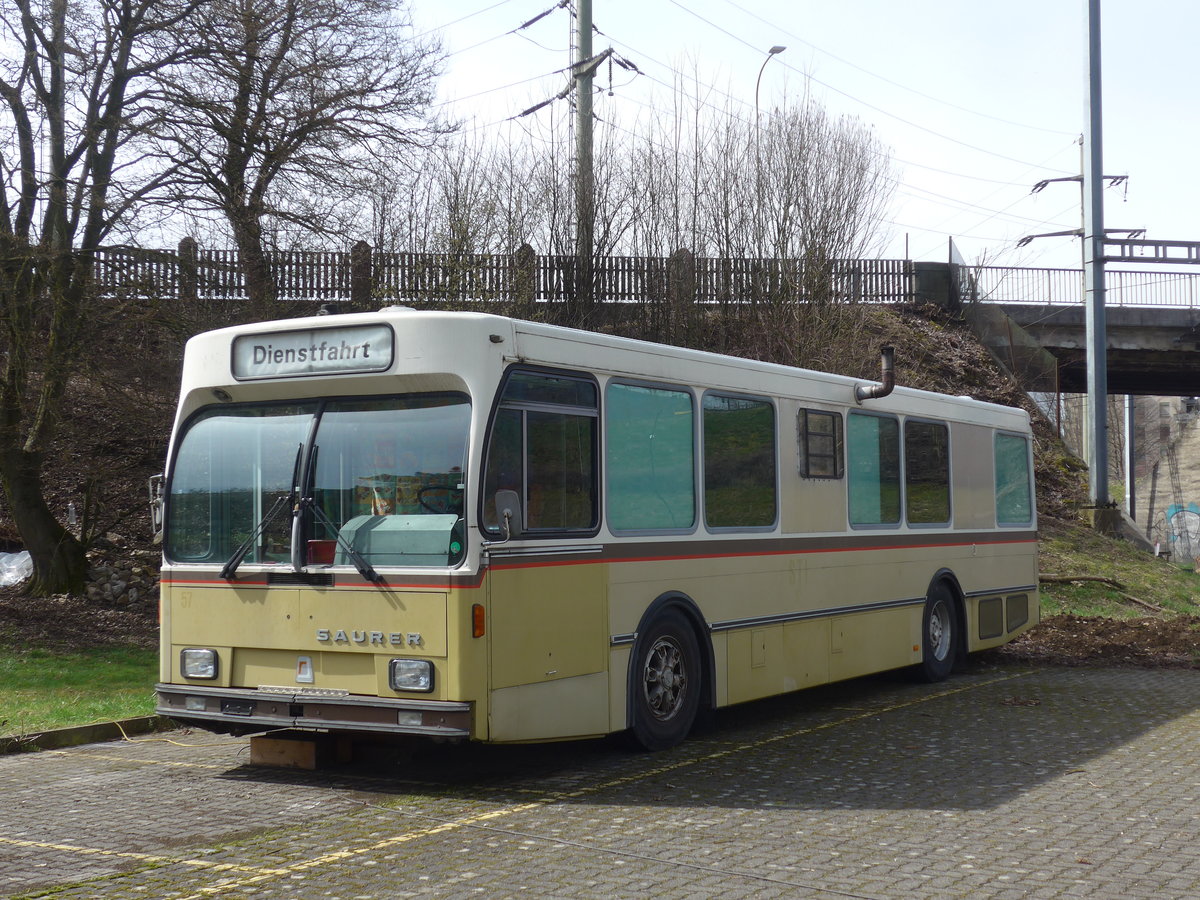 (189'944) - ??? - Saurer/R&J (ex STI Thun Nr. 57) am 2. April 2018 in Delmont, Von Roll