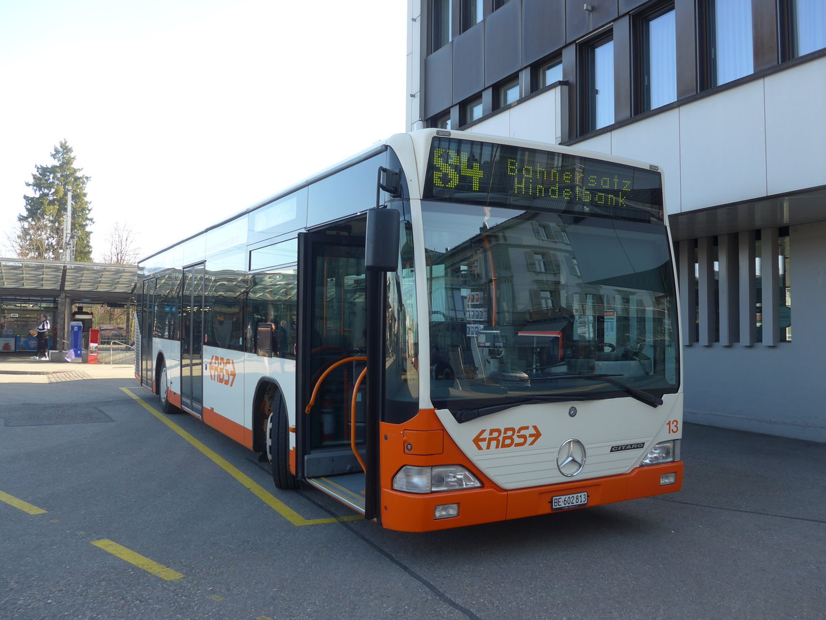 (190'004) - RBS Worblaufen - Nr. 13/BE 602'813 - Mercedes (ex BSU Solothurn Nr. 84/vermietet; ex RBS Worblaufen Nr. 13) am 7. April 2018 beim Bahnhof Burgdorf