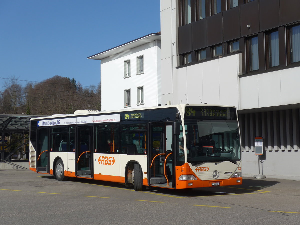 (190'083) - RBS Worblaufen - Nr. 13/BE 602'813 - Mercedes (ex BSU Solothurn Nr. 84/vermietet; ex RBS Worblaufen Nr. 13) am 7. April 2018 beim Bahnhof Burgdorf