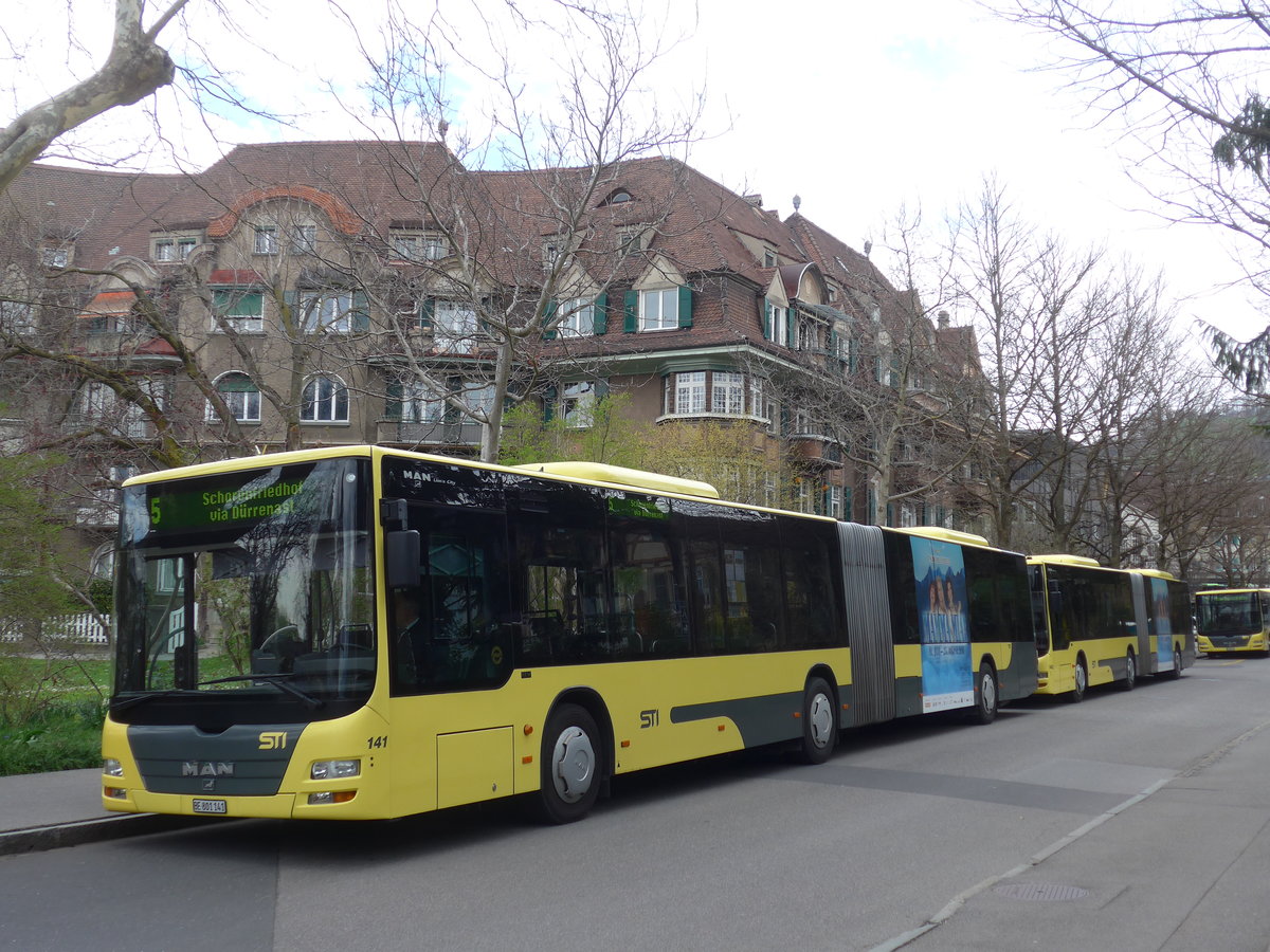 (190'092) - STI Thun - Nr. 141/BE 801'141 - MAN am 9. April 2018 beim Bahnhof Thun (prov. Haltestelle)