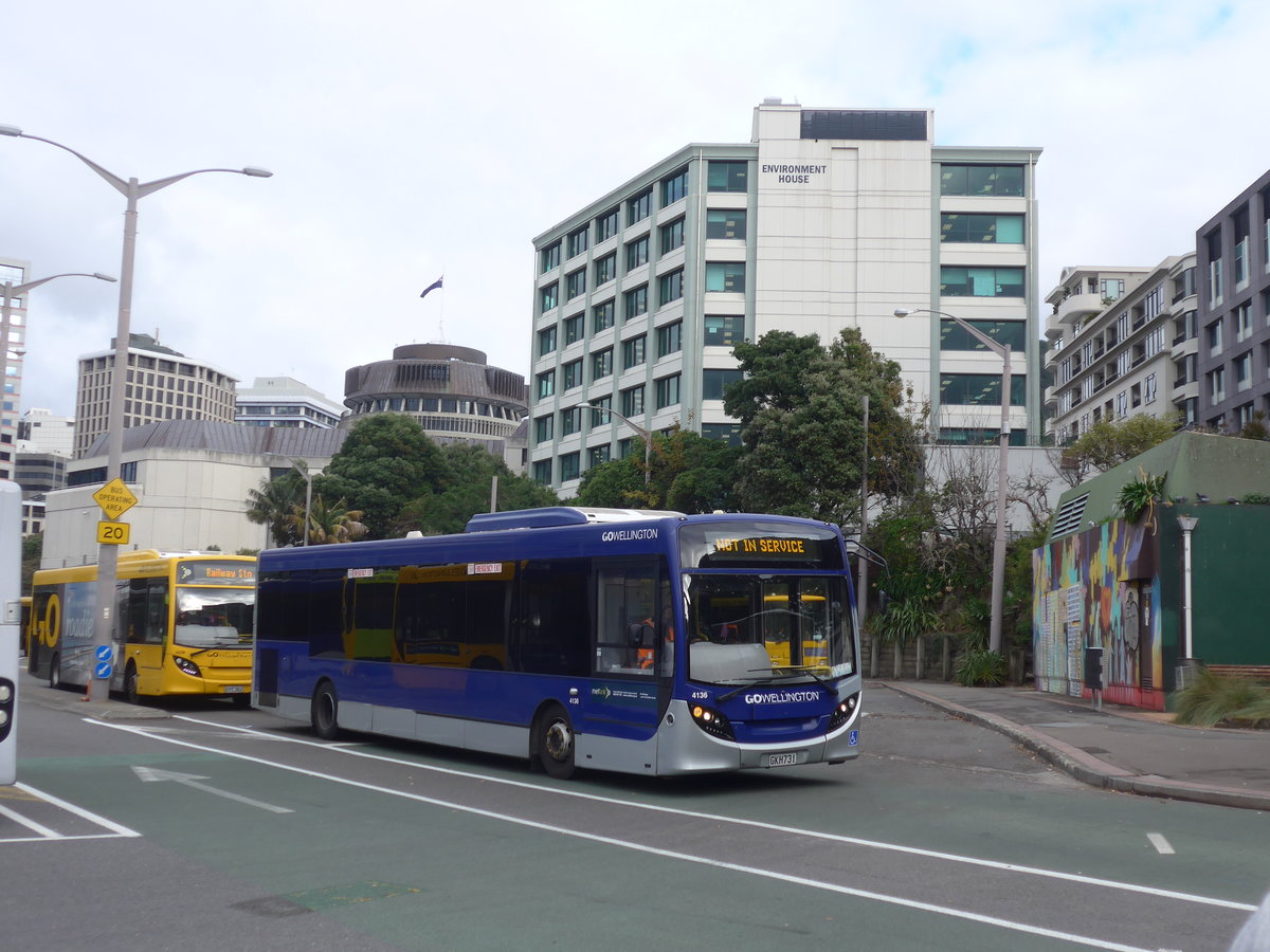 (191'618) - GO Wellington - Nr. 4136/GKH731 - Alexander Dennis/KiwiBus am 27. April 2018 beim Bahnhof Wellington