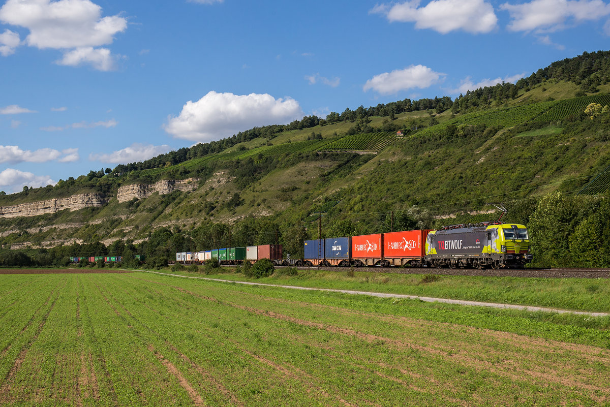 193 554  Leitwolf  war am 19. August 2017 mit einem Containerzug bei Thngersheim in Richtung Wrzburg unterwegs.