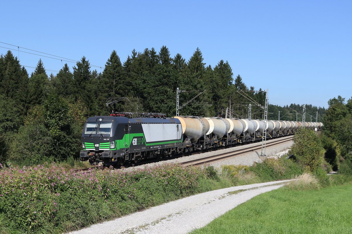 193 736 mit einem Kesselwagenzug aus Freilassing kommend am 15. September 2019 bei Grabensttt.