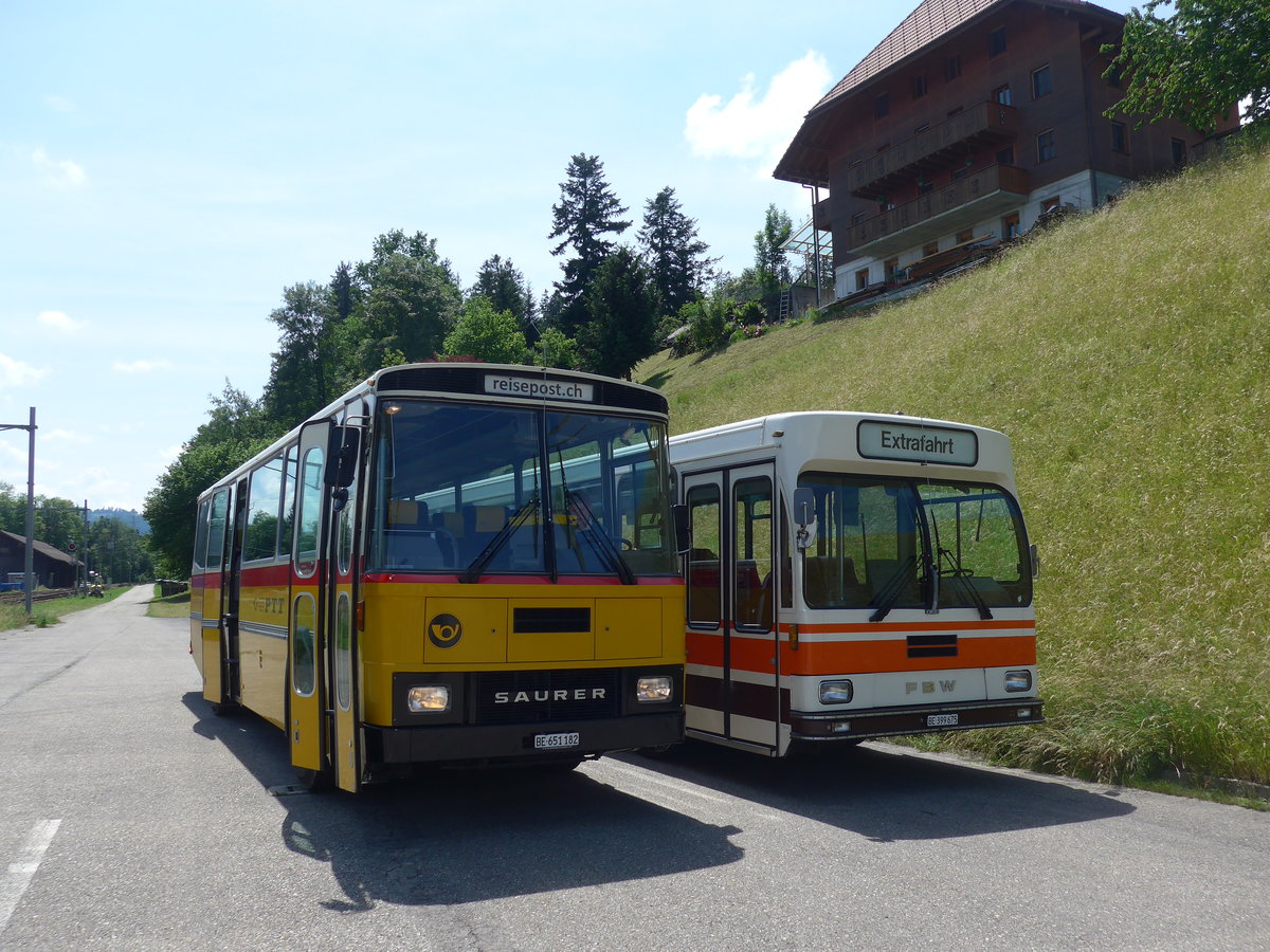 (193'712) - Bernair, Mnsingen - BE 651'182 - Saurer/Tscher (ex Schebath, Lauerz; ex Albin, Fllanden; ex Heim, Flums) am 3. Juni 2018 beim Bahnhof Emmenmatt