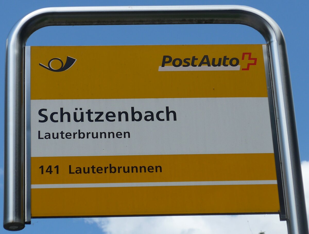 (194'422) - PostAuto-Haltestellenschild - Lauterbrunnen, Schtzenbach - am 25. Juni 2018