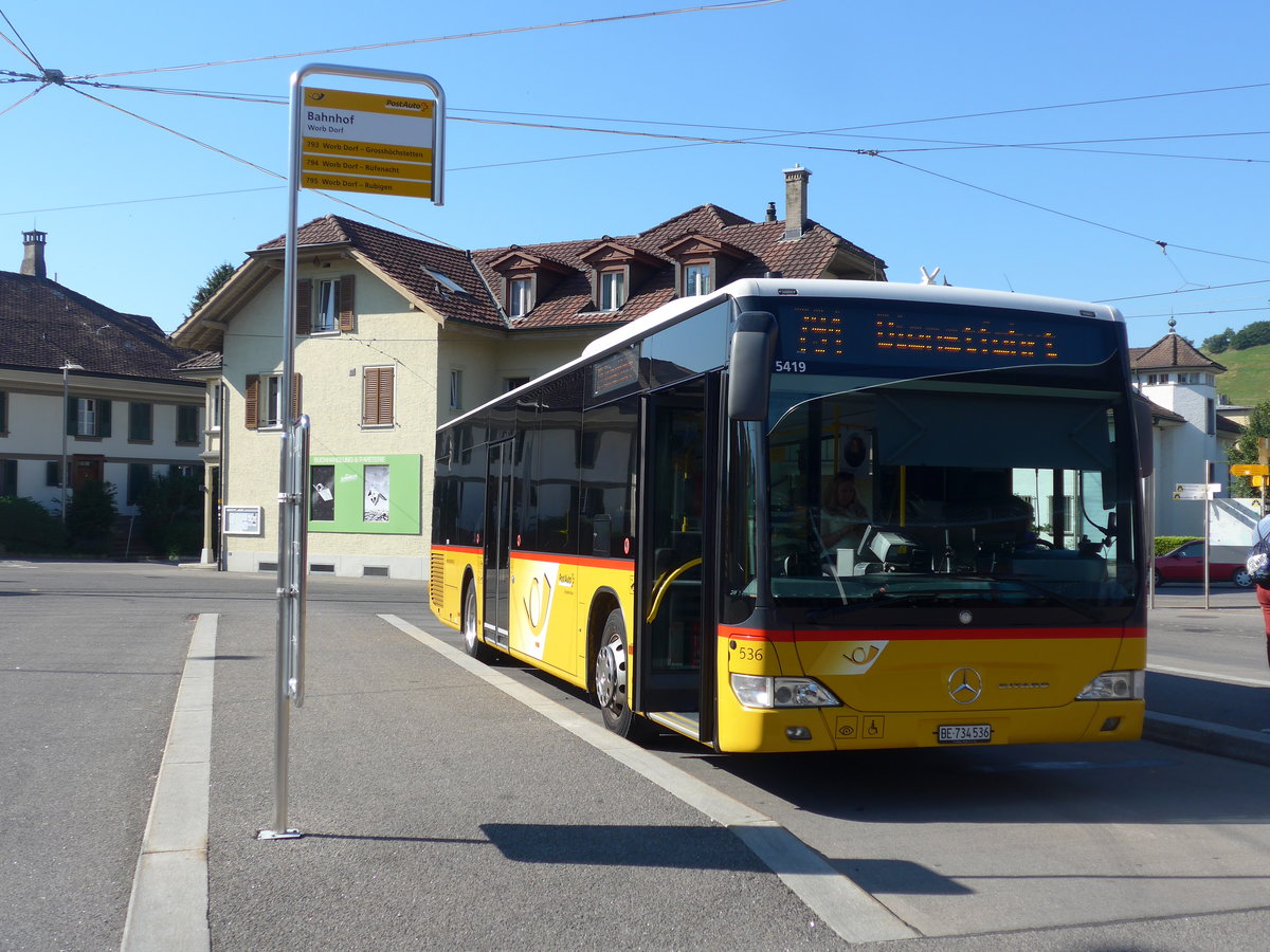 (194'461) - PostAuto Bern - Nr. 536/BE 734'536 - Mercedes am 1. Juli 2018 beim Bahnhof Worb Dorf