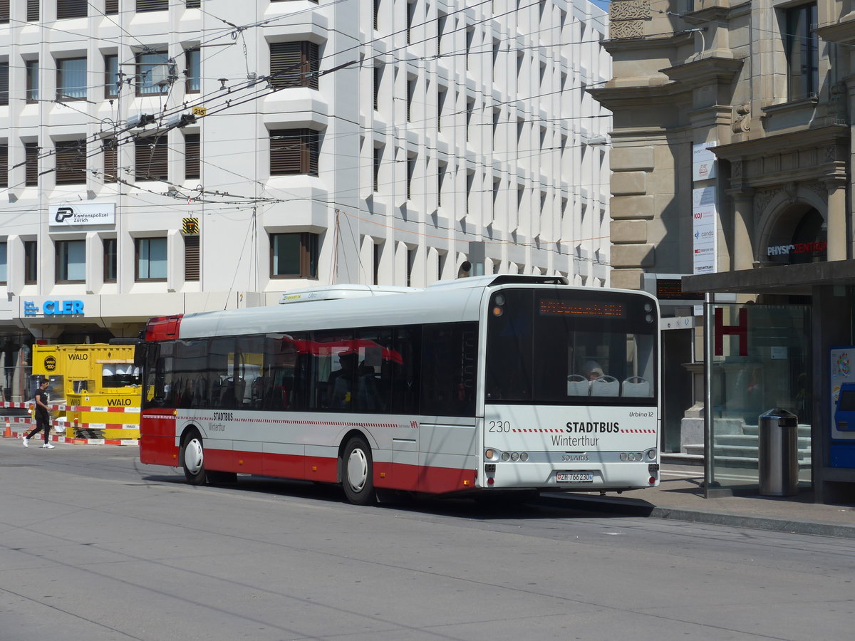 (194'638) - SW Winterthur - Nr. 230/ZH 766'230 - Solaris am 7. Juli 2018 beim Hauptbahnhof Winterthur