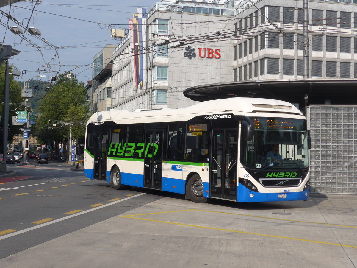 (195'379) - VBL Luzern - Nr. 78/LU 250'373 - Volvo am 1. August 2018 beim Bahnhof Luzern