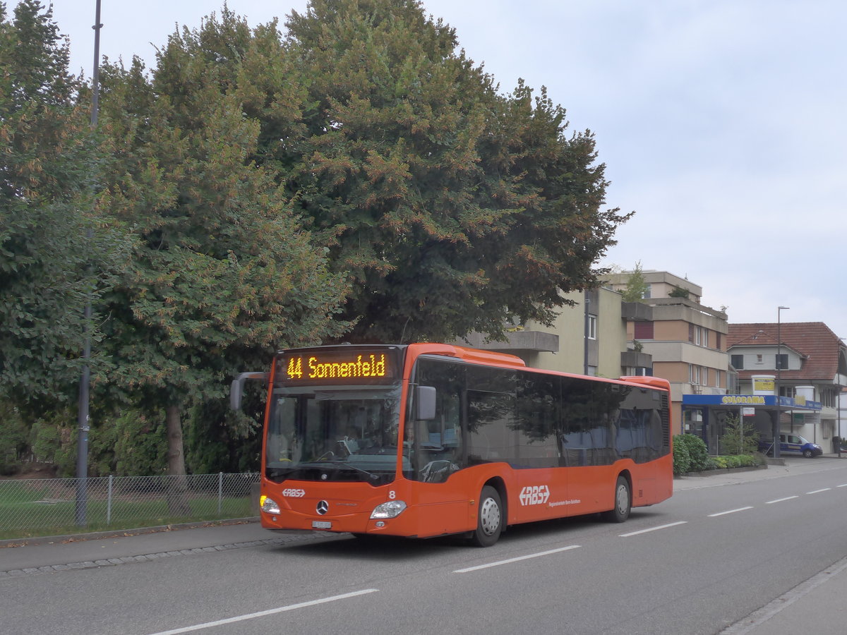 (196'365) - RBS Worblaufen - Nr. 8/BE 535'308 - Mercedes am 2. September 2018 beim Bahnhof Gmligen