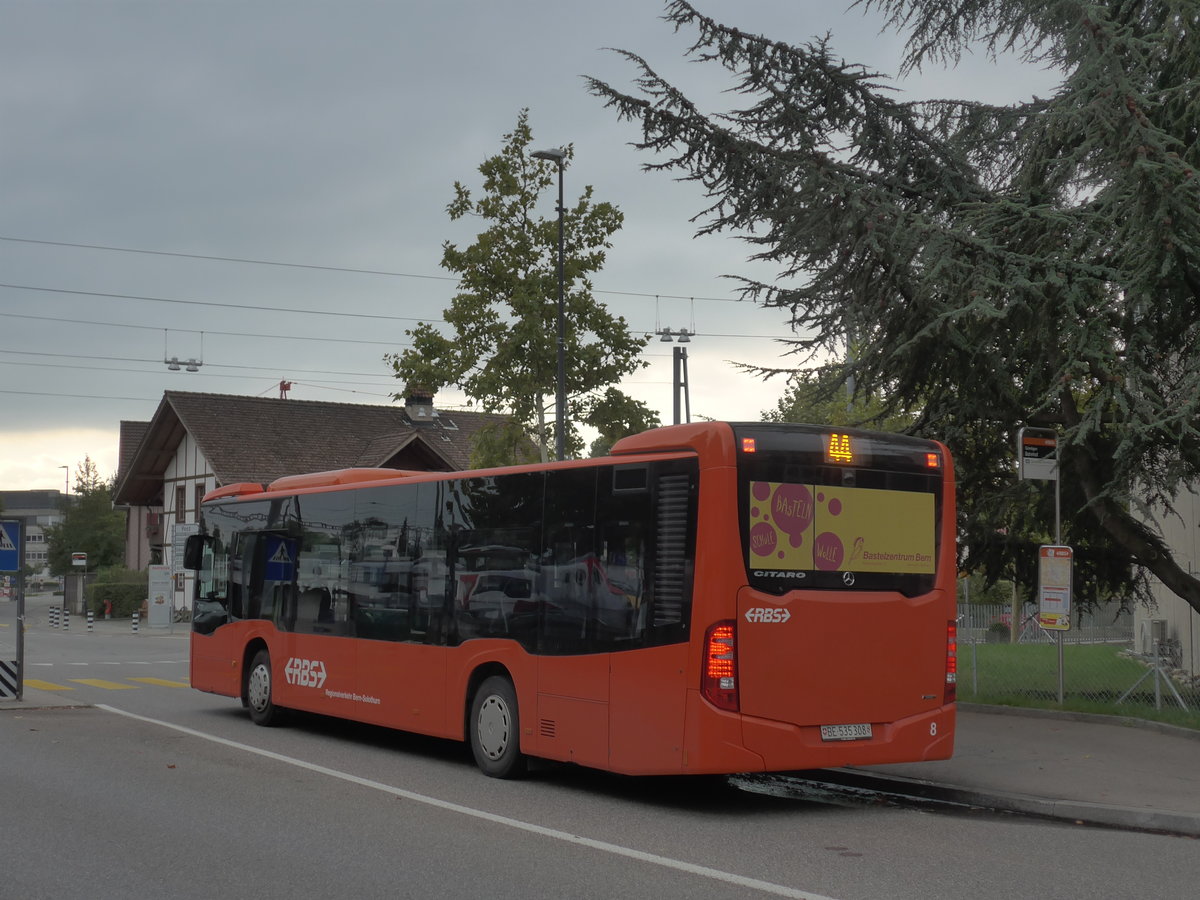 (196'366) - RBS Worblaufen - Nr. 8/BE 535'308 - Mercedes am 2. September 2018 beim Bahnhof Gmligen