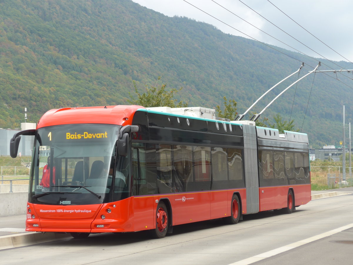 (196'495) - VB Biel - Nr. 100 - Hess/Hess Gelenktrolleybus am 3. September 2018 in Biel, Stadien