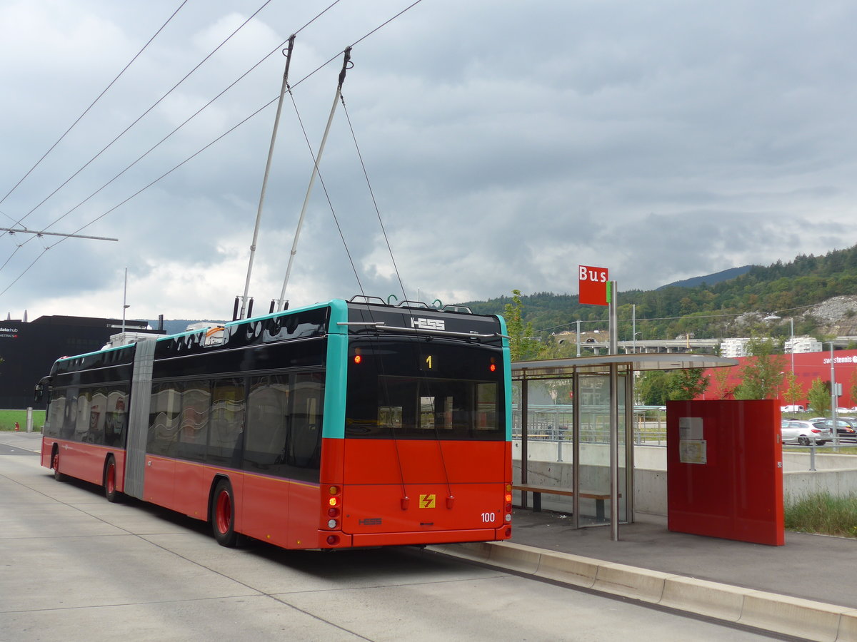 (196'497) - VB Biel - Nr. 100 - Hess/Hess Gelenktrolleybus am 3. September 2018 in Biel, Stadien