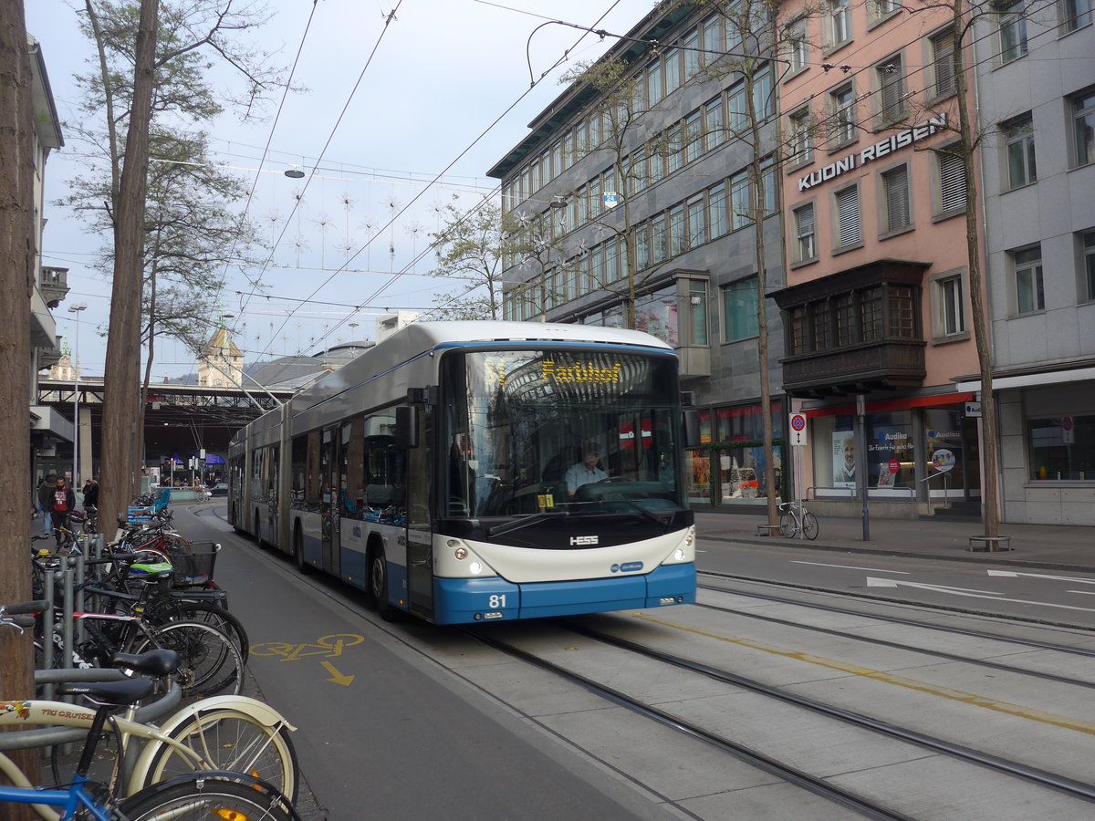 (199'438) - VBZ Zrich - Nr. 81 - Hess/Hess Doppelgelenktrolleybus am 18. November 2018 in Zrich, Lwenstrasse