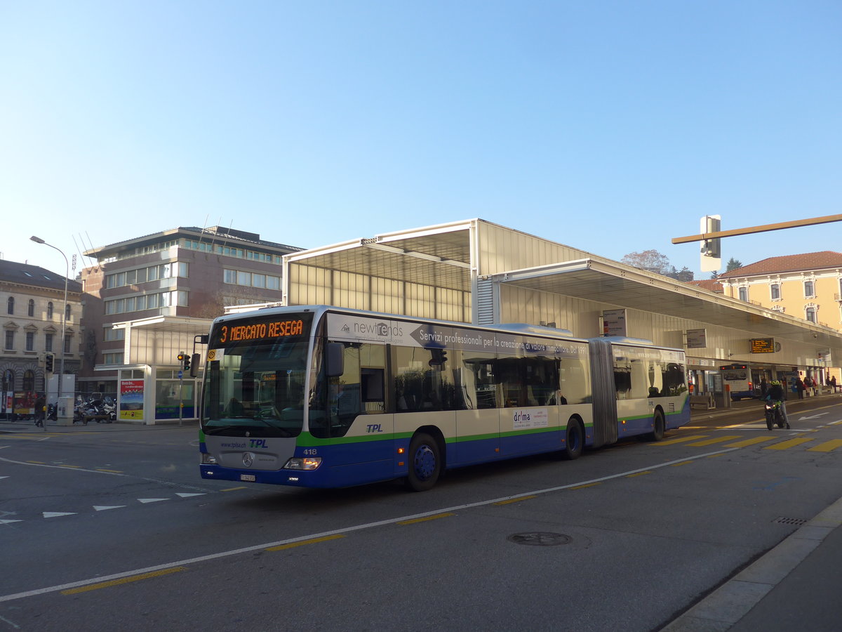 (199'703) - TPL Lugano - Nr. 418/TI 142'052 - Mercedes am 7. Dezember 2018 in Lugano, Centro