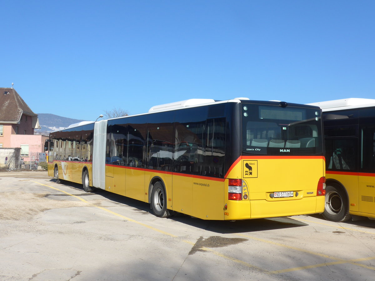 (201'619) - CarPostal Ouest - VD 577'065 - MAN am 16. Februar 2019 in Yverdon, Garage