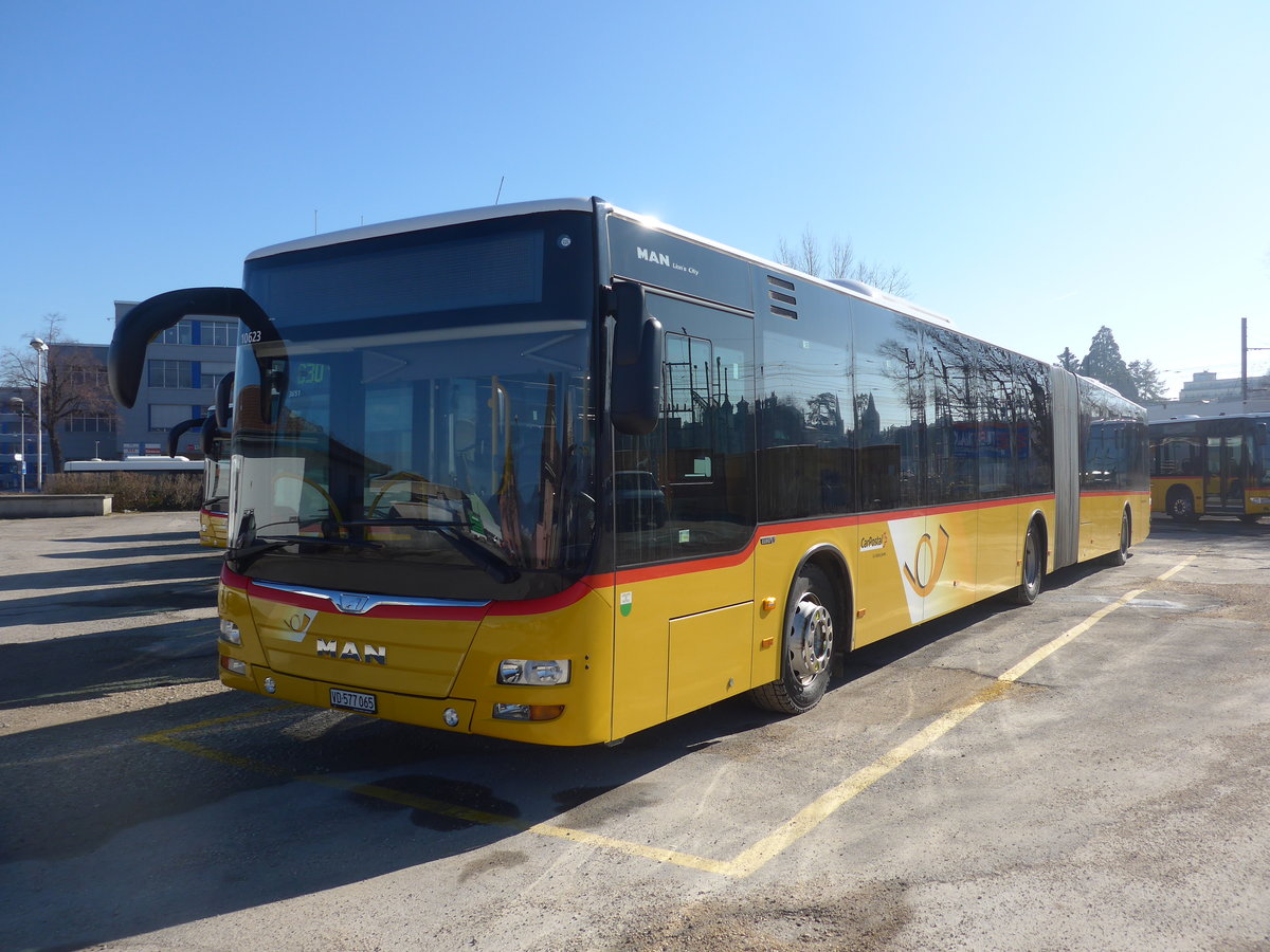 (201'630) - CarPostal Ouest - VD 577'065 - MAN am 16. Februar 2019 in Yverdon, Garage