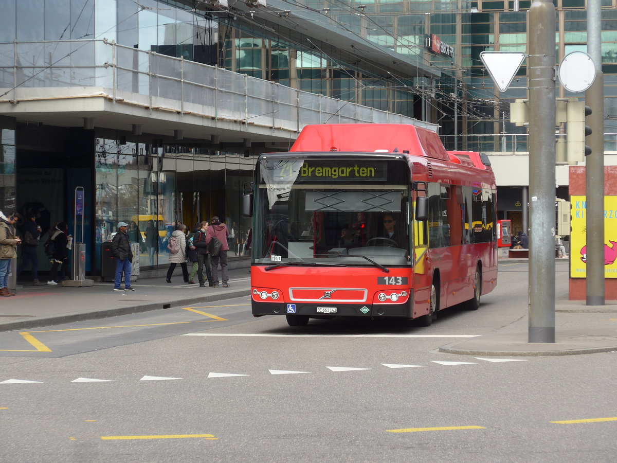 (202'348) - Bernmobil, Bern - Nr. 143/BE 661'143 - Volvo am 12. Mrz 2019 beim Bahnhof Bern