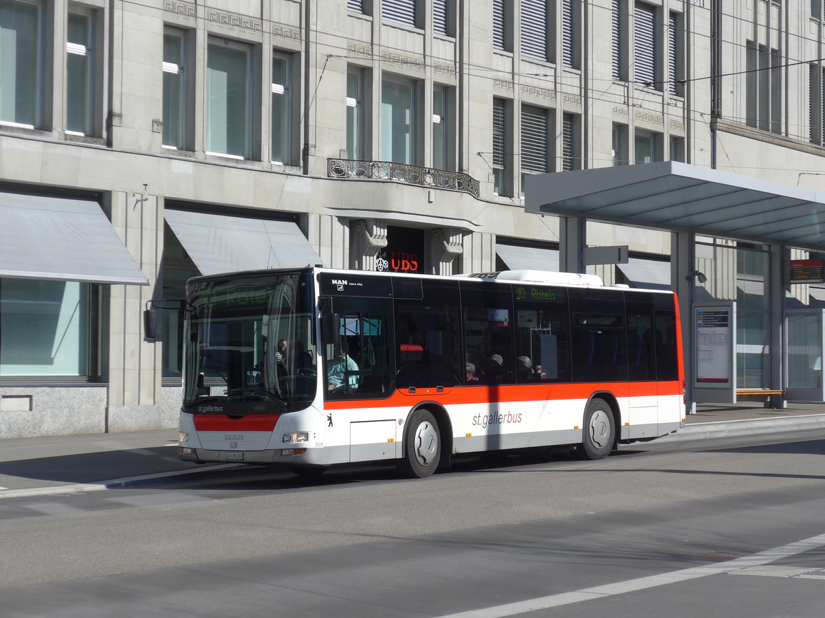 (202'743) - St. Gallerbus, St. Gallen - Nr. 269/SG 198'269 - MAN/Gppel am 21. Mrz 2019 beim Bahnhof St. Gallen