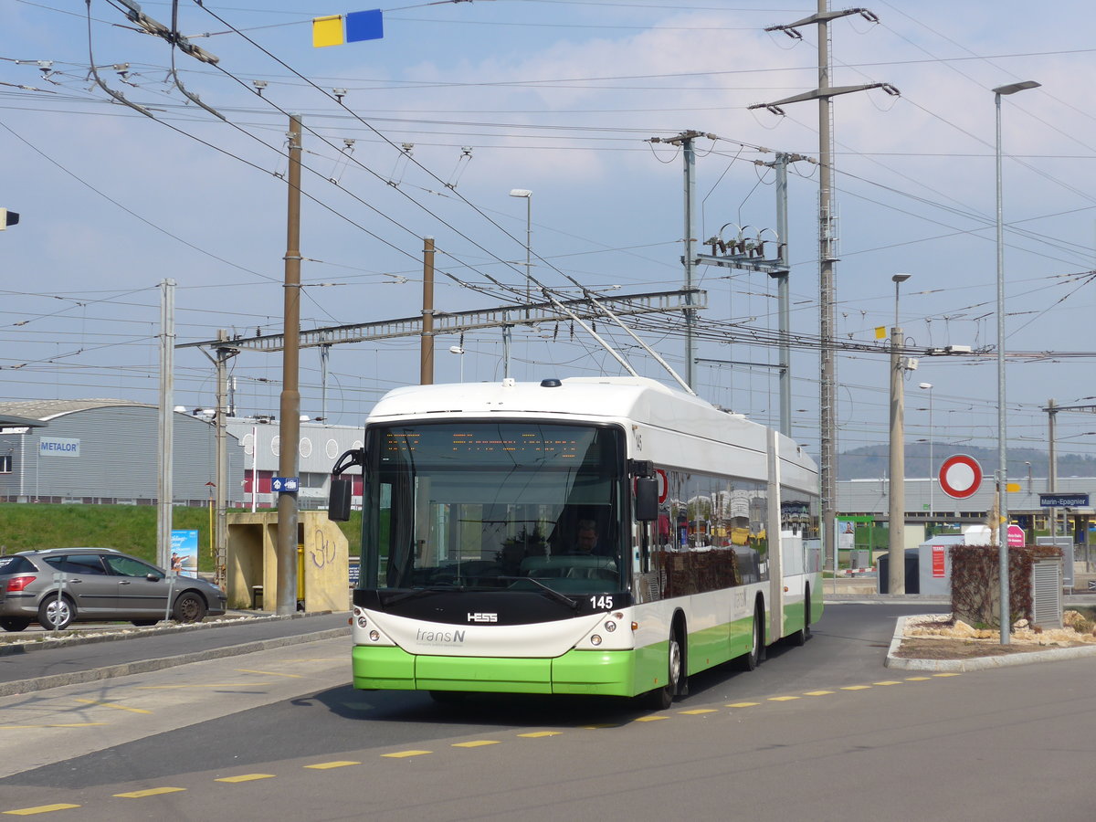 (203'631) - transN, La Chaux-de-Fonds - Nr. 145 - Hess/Hess Gelenktrolleybus (ex TN Neuchtel Nr. 145) am 13. April 2019 beim Bahnhof Marin-pagnier