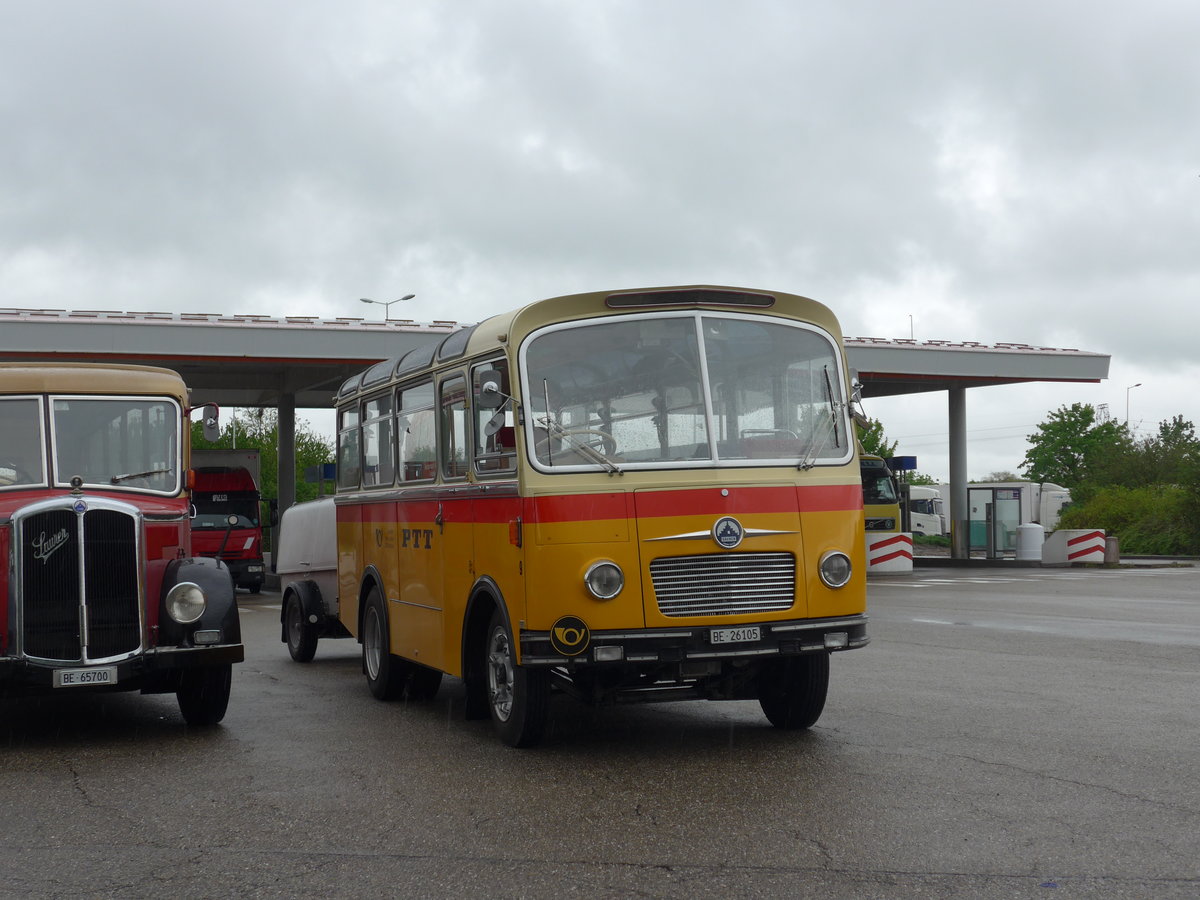 (203'924) - Aus der Schweiz: Schmid, Thrishaus - Nr. 9/BE 26'105 - Saurer/R&J (ex Geiger, Adelboden Nr. 9) am 26. April 2019 in Orschwiller, Raststtte