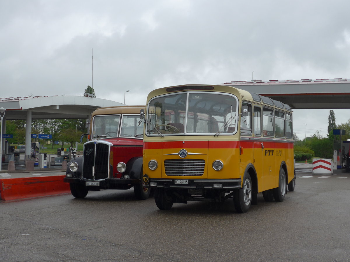 (203'927) - Aus der Schweiz: Schmid, Thrishaus - Nr. 9/BE 26'105 - Saurer/R&J (ex Geiger, Adelboden Nr. 9) am 26. April 2019 in Orschwiller, Raststtte