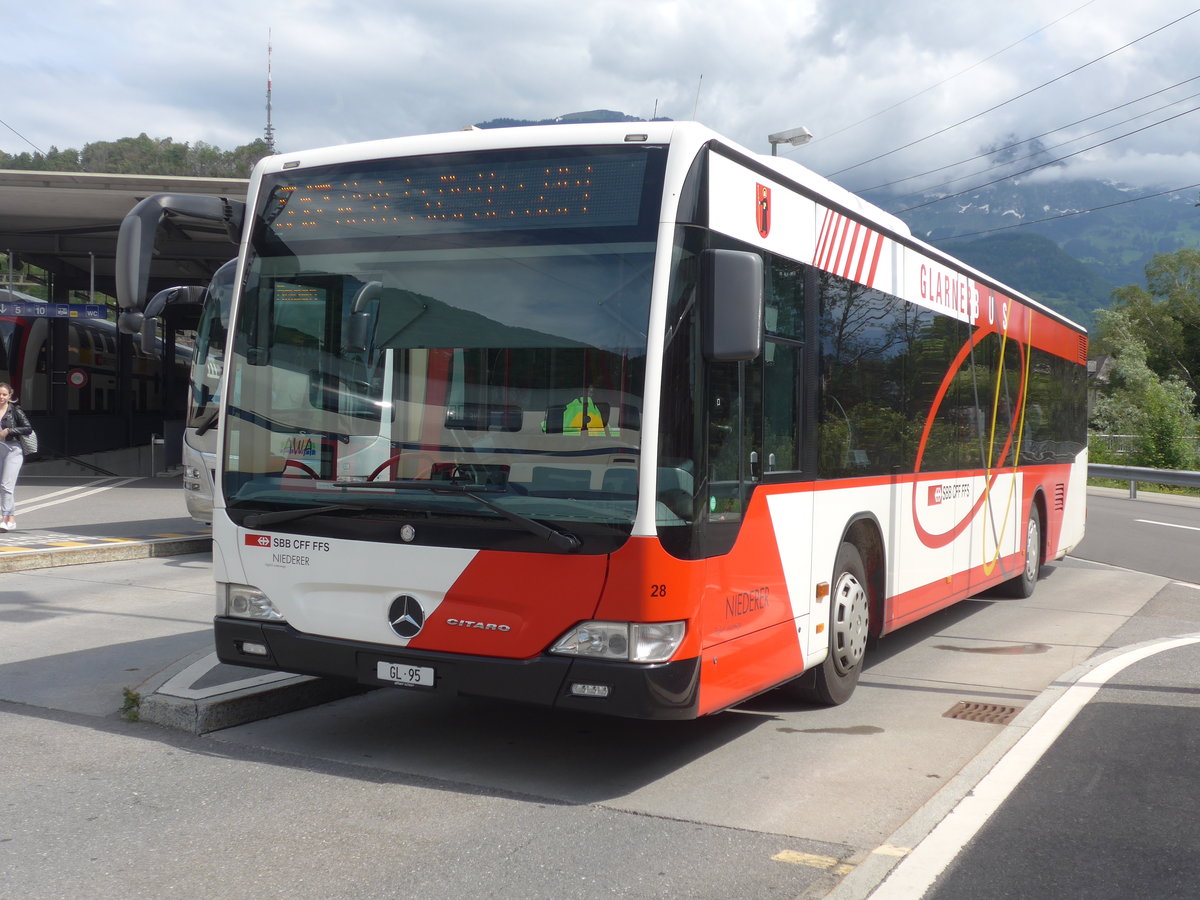 (206'421) - Niederer, Filzbach - Nr. 28/GL 95 - Mercedes am 15. Juni 2019 beim Bahnhof Ziegelbrcke